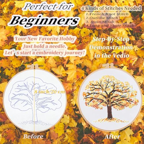 FONNUY Crewel Embroidery Kit for Beginners, Seasonal Tree Pre-Stamped Pattern Kits for Adults with Hoop, Easy to Follow Color Thread Needlework, 8'' (Yellow) - Image 3