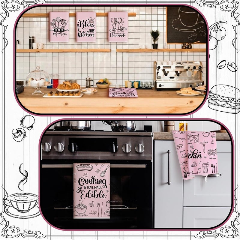 Bencailor 6 Pcs Pink Kitchen Towels Decorative Sets Dish Towels Absorbent Fast Drying Hand Tea Vintage Hanging Reusable Cleaning Dishcloths for Cooking Farmhouse Bathroom Accessory - Image 4