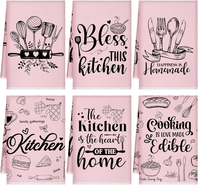 Bencailor 6 Pcs Pink Kitchen Towels Decorative Sets Dish Towels Absorbent Fast Drying Hand Tea Vintage Hanging Reusable Cleaning Dishcloths for Cooking Farmhouse Bathroom Accessory - Image 1