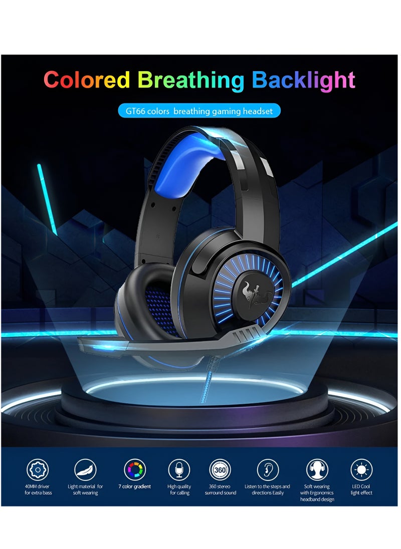 سماعة ألعاب GT66 اوفلينج استريو عالية الصوت مع ميكروفون دوار – مزودة بإضاءة RGB وتحكم في الصوت – متوافقة مع PS4، الكمبيوتر المحمول، والأجهزة المحمولة -ازرق