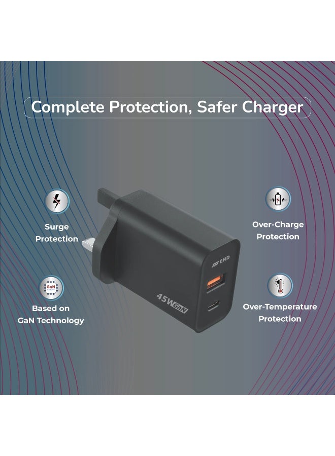 ERD شاحن سريع ERD TCU-645 بقوة 45 واط - منفذين USB-A و USB-C مع كابل C إلى C | شحن سريع متعدد الأجهزة | أسود | 45 واط - Image 3