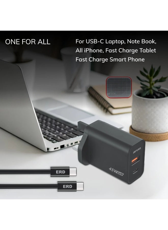 ERD شاحن سريع ERD TCU-645 بقوة 45 واط - منفذين USB-A و USB-C مع كابل C إلى C | شحن سريع متعدد الأجهزة | أسود | 45 واط - Image 5
