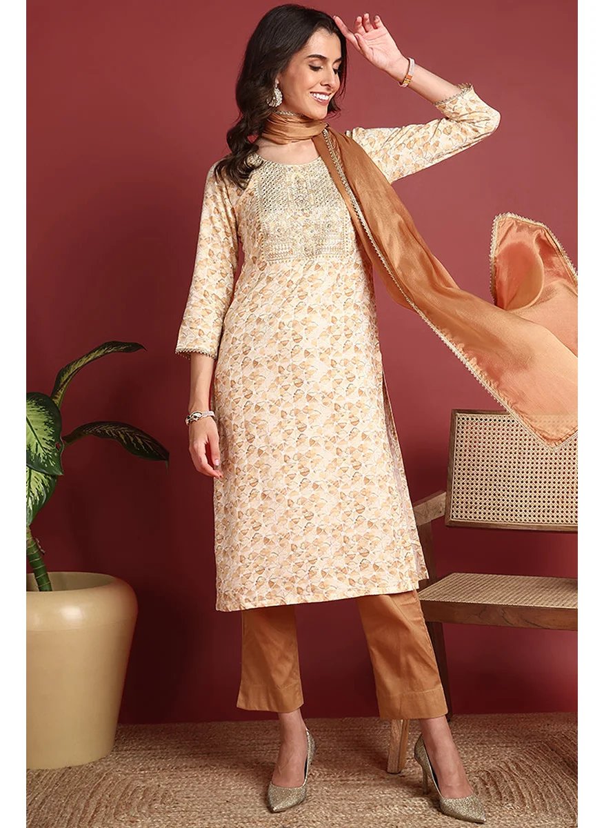 زيري سوق Brown Viscose Rayon Embroidered Straight 3-Piece Kurta Set