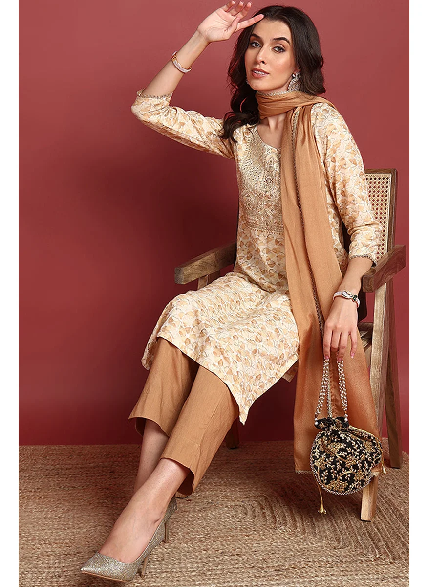 زيري سوق Brown Viscose Rayon Embroidered Straight 3-Piece Kurta Set
