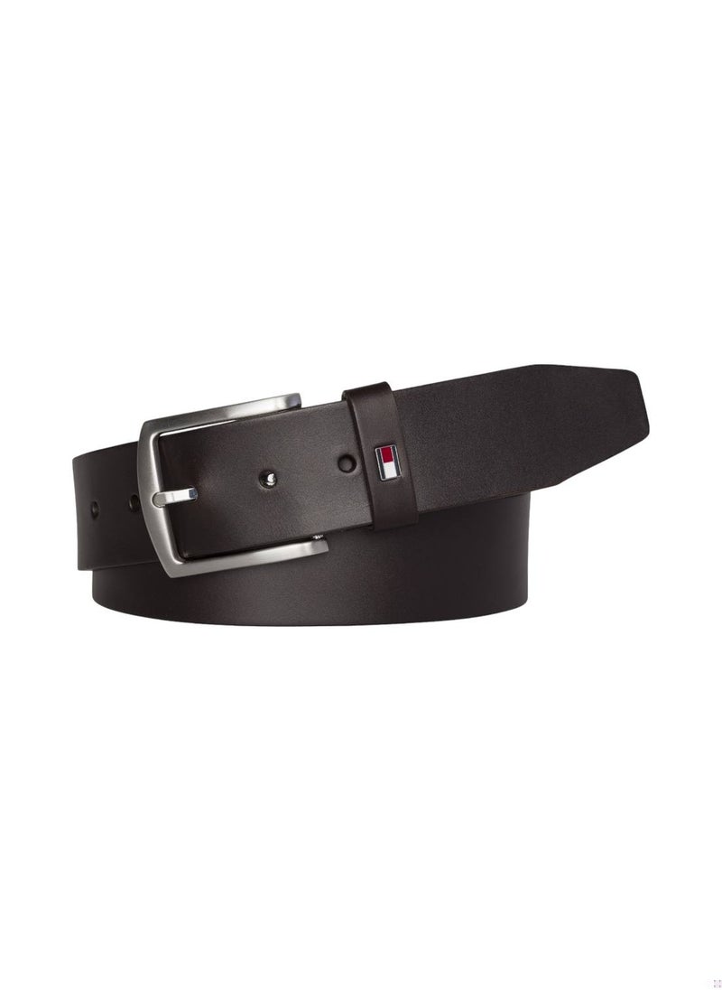 TOMMY HILFIGER Men's Denton Flag Logo Leather Belt - Leather, Brown 