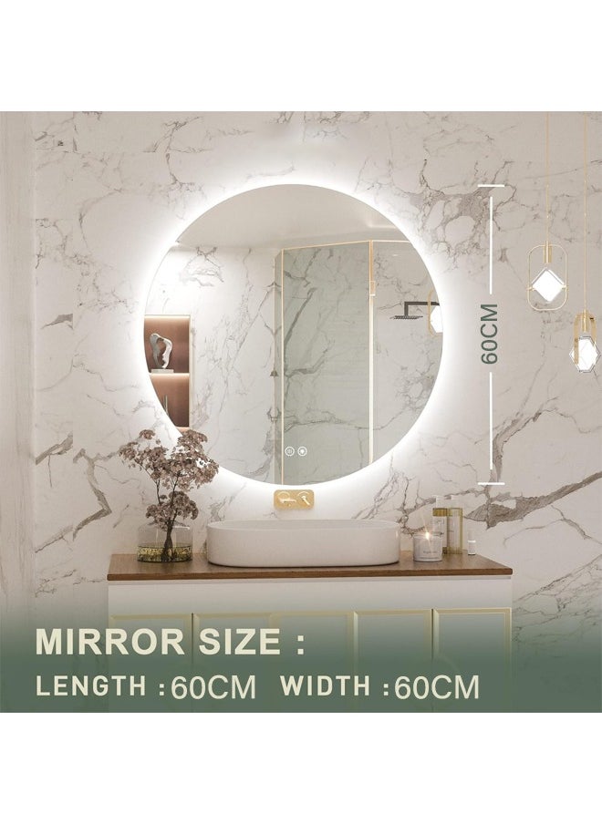 Taimi - Frameless Tri-Color Backlit LED Round Mirror 60CM Bathroom Vanity Mirror Dimmable Wall Mounted Makeup Mirror Large Anti-Fog Lighted Makeup Circle Mirror with Memory Function - Image 1
