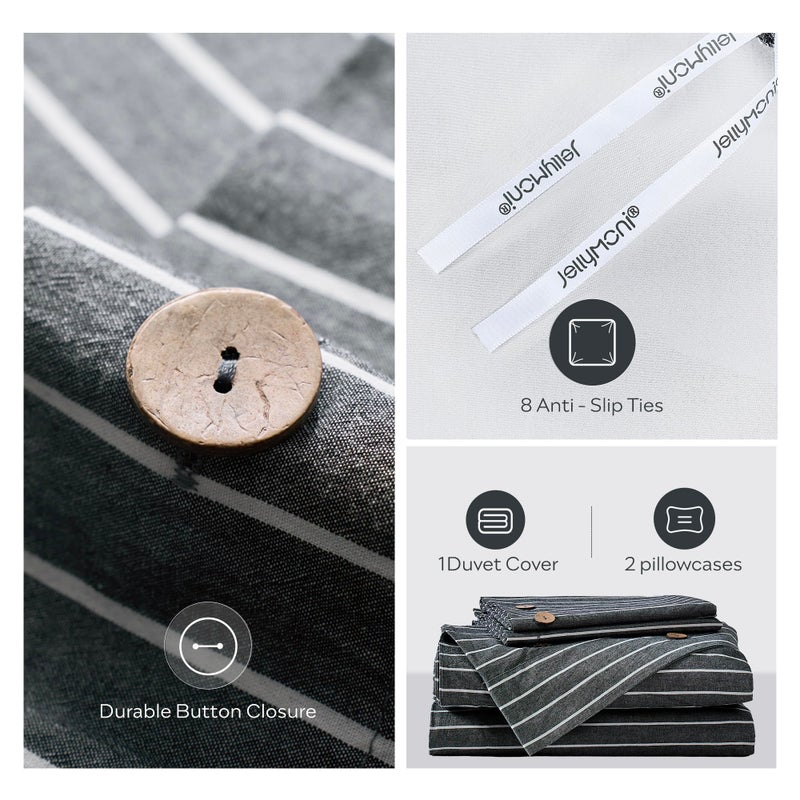 JELLYMONI Cotton Duvet Cover Queen Size - Gray Pinstriped Comforter Cover with Button 100% Washed Cotton 3PCS Breathable Soft Solid Bedding Set Duvet Cover 90Ã—90in & 2 Pillowcases (NO Comforter) - Image 3