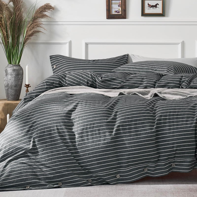 JELLYMONI Cotton Duvet Cover Queen Size - Gray Pinstriped Comforter Cover with Button 100% Washed Cotton 3PCS Breathable Soft Solid Bedding Set Duvet Cover 90Ã—90in & 2 Pillowcases (NO Comforter) - Image 1