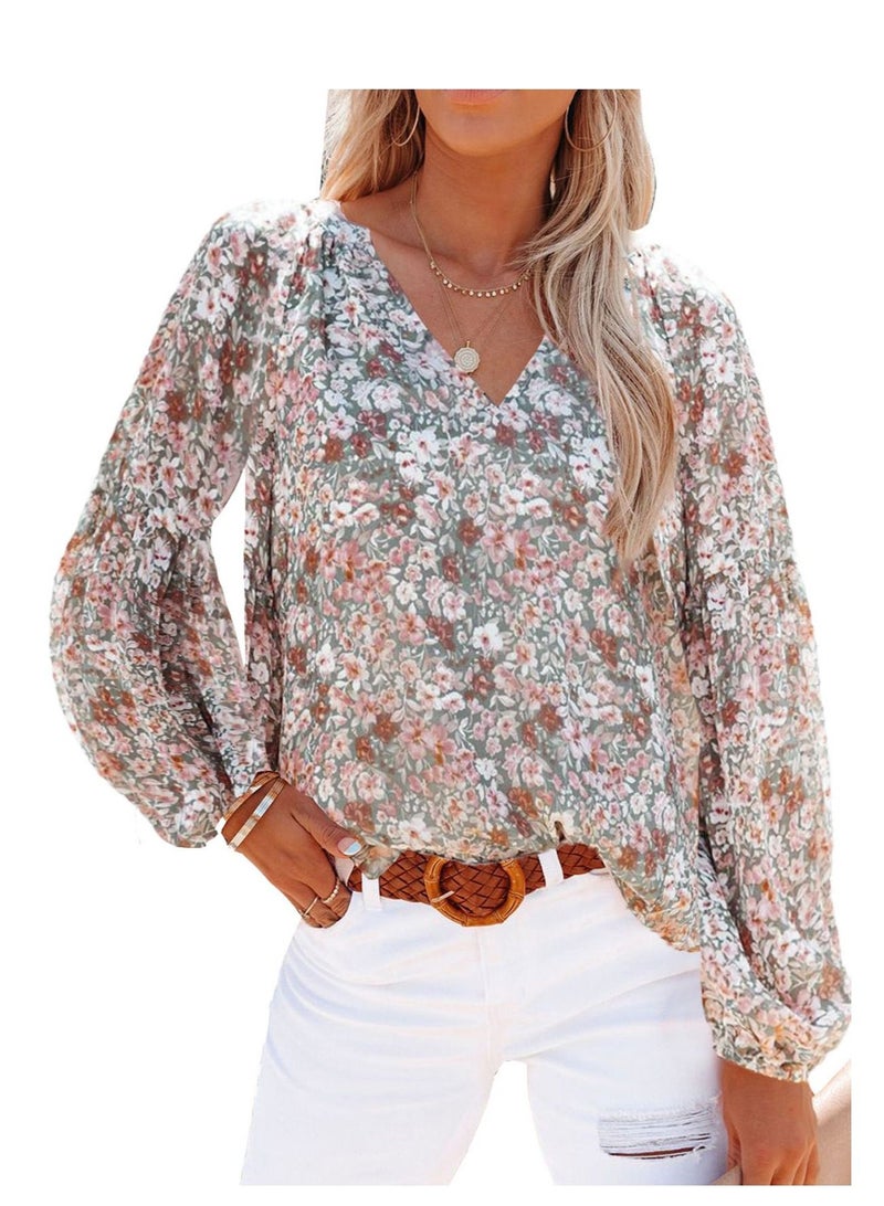 Loquat New Fashion V-neck Lantern Sleeve Floral Chiffon Shirt 