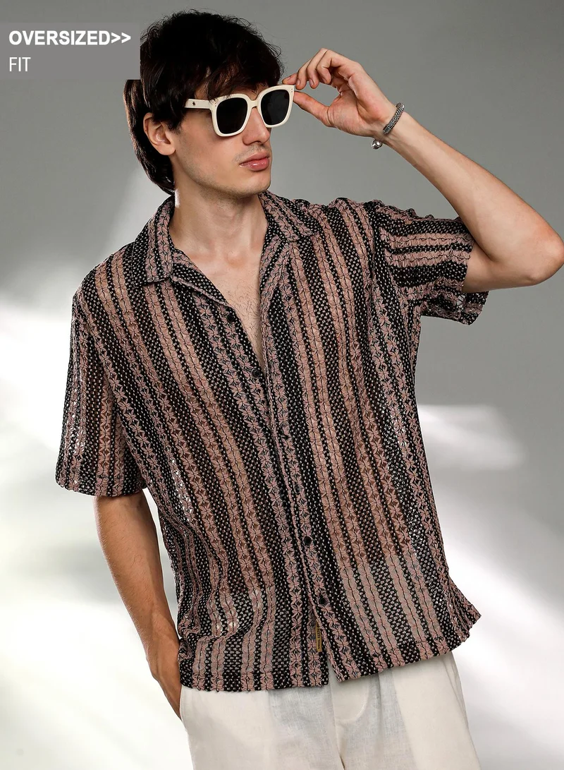 كامبوس سوترا قميص رجالي كبير الحجم منسوج متعدد المسارات باللونين البيج البندقي والأسود منتصف الليل