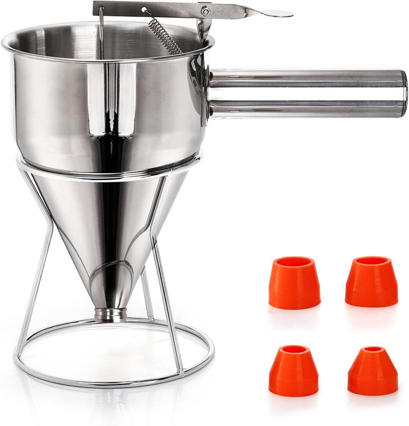 WRINGKIT 40 Oz Pancake Batter Dispenser, Stainless Steel 4 Caliber Funnel Cake Dispenser with Stand, Pancake Mix Dispenser with Handle, Funnel Cake Maker for Cupcakes, Muffins, Waffle and Baked Goods - Image 1