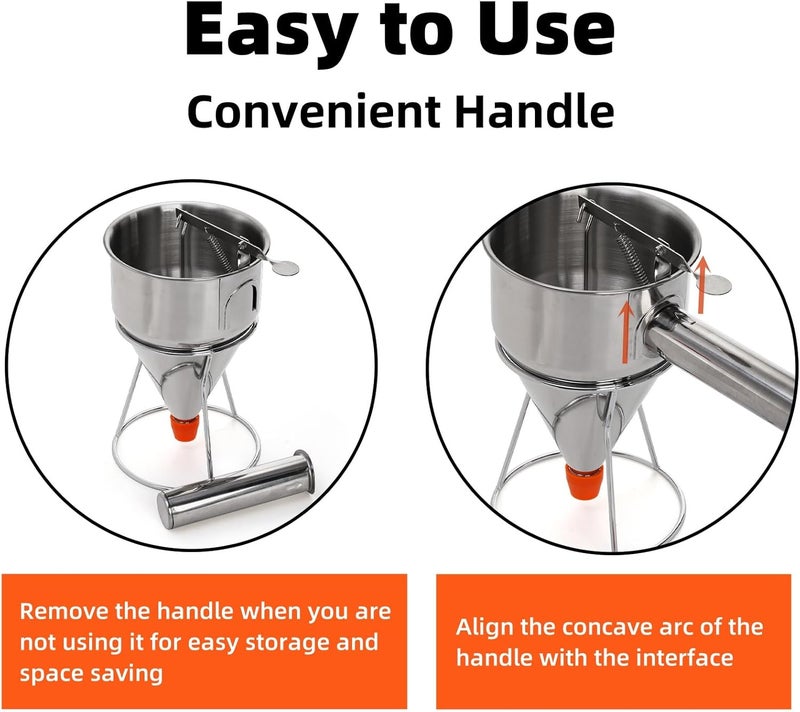 WRINGKIT 40 Oz Pancake Batter Dispenser, Stainless Steel 4 Caliber Funnel Cake Dispenser with Stand, Pancake Mix Dispenser with Handle, Funnel Cake Maker for Cupcakes, Muffins, Waffle and Baked Goods - Image 3