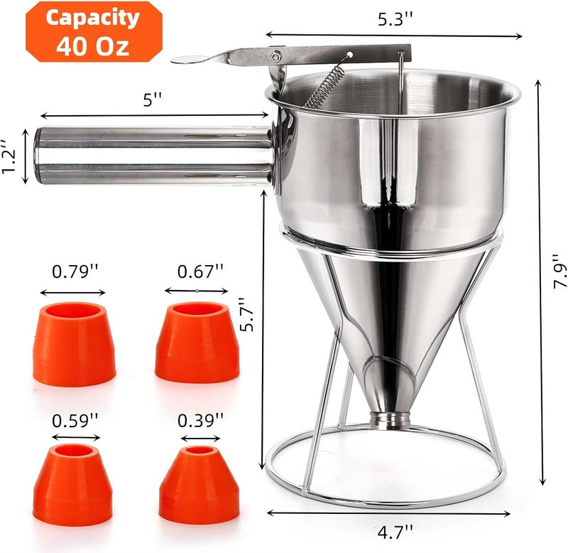WRINGKIT 40 Oz Pancake Batter Dispenser, Stainless Steel 4 Caliber Funnel Cake Dispenser with Stand, Pancake Mix Dispenser with Handle, Funnel Cake Maker for Cupcakes, Muffins, Waffle and Baked Goods - Image 2