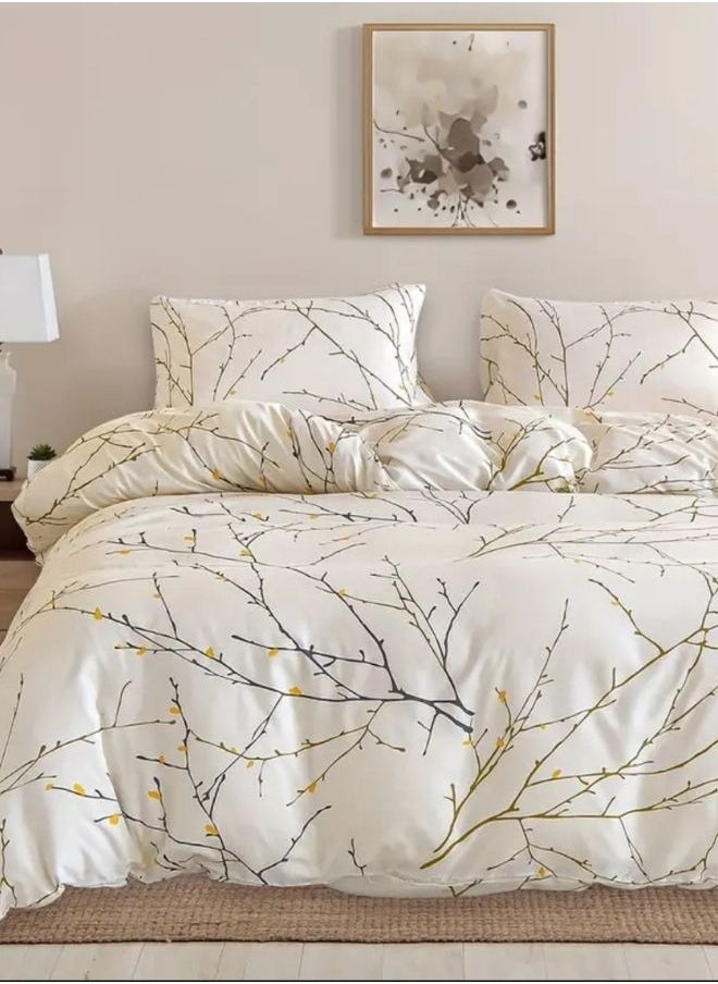 LUNA Home King Size 6 Pieces Twigs Print Duvet Cover Set, Beige color. 