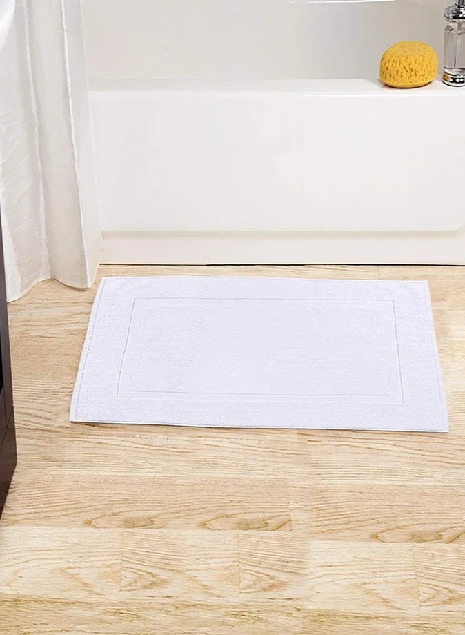 1Chase Towels Cotton Banded Bath Mats White, 100% Ring Spun Cotton - Highly Absorbent and Machine Washable Shower Bathroom Floor Mat (Pack of 2)