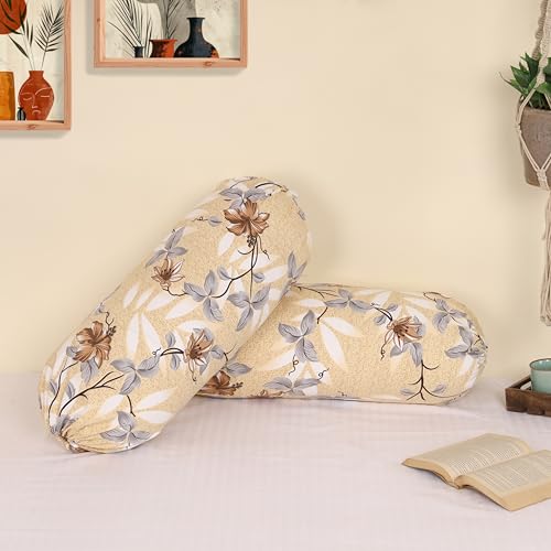 Clasiko Cotton Bolster Pillow Cover Set of 2 – Brown & Grey Flowers Bolsters for Sofa, Bed & Living Room | Soft & Washable Round Pillow Cover Set | Made in India - Image 1