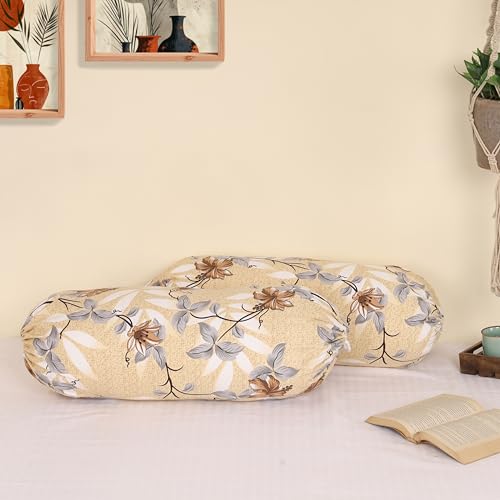 Clasiko Cotton Bolster Pillow Cover Set of 2 – Brown & Grey Flowers Bolsters for Sofa, Bed & Living Room | Soft & Washable Round Pillow Cover Set | Made in India - Image 2