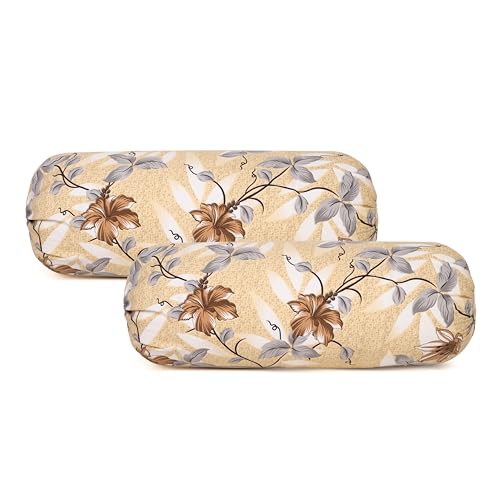 Clasiko Cotton Bolster Pillow Cover Set of 2 – Brown & Grey Flowers Bolsters for Sofa, Bed & Living Room | Soft & Washable Round Pillow Cover Set | Made in India - Image 3
