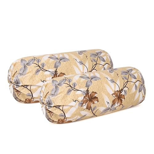 Clasiko Cotton Bolster Pillow Cover Set of 2 – Brown & Grey Flowers Bolsters for Sofa, Bed & Living Room | Soft & Washable Round Pillow Cover Set | Made in India - Image 4