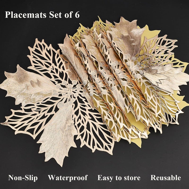 Evevda Placemats Set of 6 Gold Vinyl Washable Festive Table Placemat Dining Table Mats for Winter Holiday Weddings Birthday Party Anniversary Dinner Kitchen Decor  - Image 5