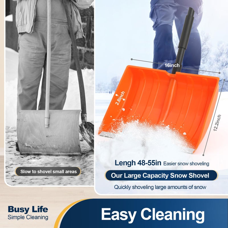 Yocada Snow Shovel 55" Long for Home Garage Driveway Snow Removal with D-Grip Handle Aluminum Strip Large Capacity Orange Shovel for Garden Car Camping Outdoor - Image 4