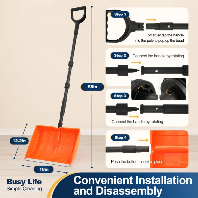 Yocada Snow Shovel 55" Long for Home Garage Driveway Snow Removal with D-Grip Handle Aluminum Strip Large Capacity Orange Shovel for Garden Car Camping Outdoor - Image 2