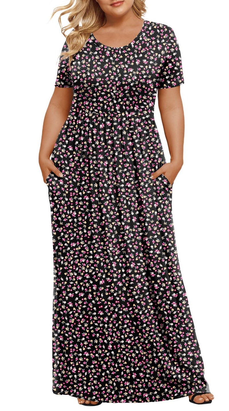 LONGYUAN Women's Plus Size Maxi Dresses for Curvy Women Summer Short Sleeve Casual 2026 Long Dress Black Fl 2XL - Image 1