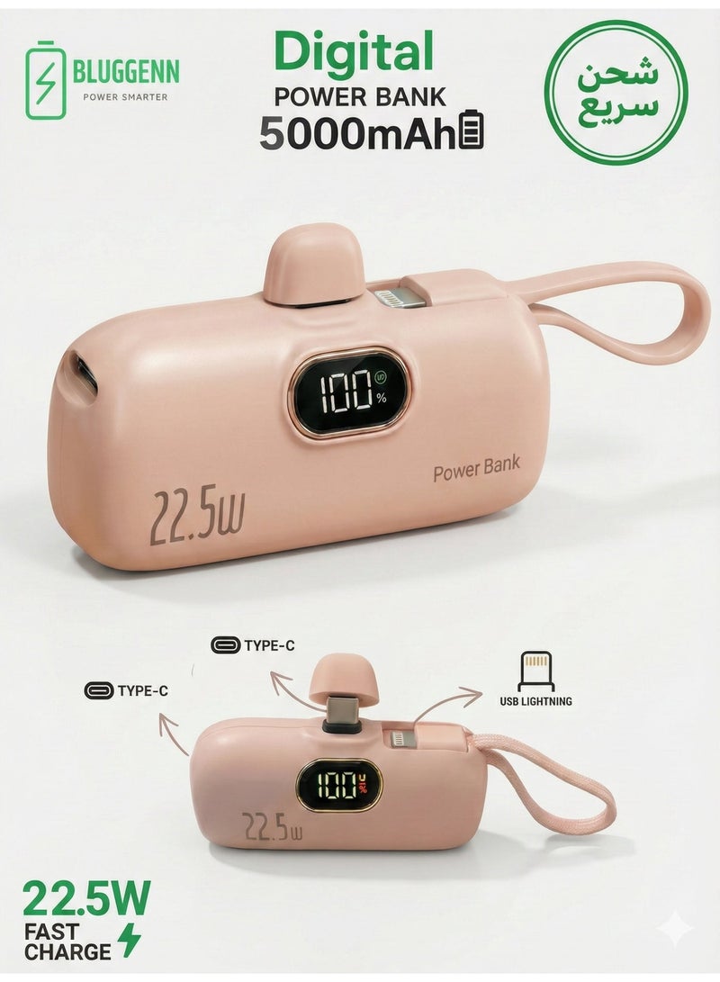 بلجن NANO Bluggenn 5000mAh power bank is a smart portable charger with a sleek and compact modern design. It comes with three fast‑charging outputs: a main top Type‑C port, a side Type‑C power delivery port, and a built‑in foldable Lightning cable designed as a stylish hand strap for iPhone. This setup allows you to charge up to three devices simultaneously without the need for extra cables. A digital display shows the battery percentage with precision, while the 5000mAh capacity provides enough power to recharge your device more than once when you’re on the go. It supports fast charging for a wide range of devices including iPhone 16/15, Samsung, Huawei, iPad, AirPods, Xiaomi, Vivo, Oppo, and more—making it the perfect solution for sharing power with family and friends easily, without any worries, and for any phone no matter the type. - Image 1
