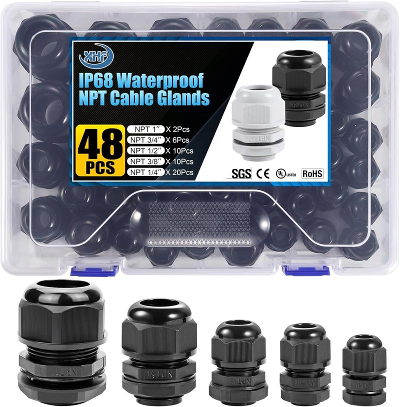 XHF IP68 Nylon Waterproof NPT Cable Glands Assortment 48pcs 1/4", 3/8'', 1/2'', 3/4'', 1'' UL Listed and RoHS Cord Grip Compliant Cable Strain Relief Black - Image 1