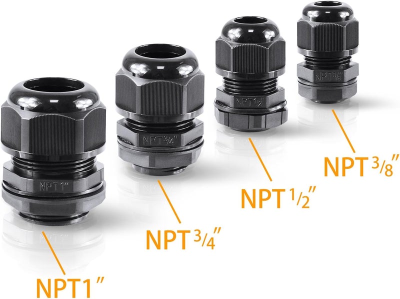 XHF IP68 Nylon Waterproof NPT Cable Glands Assortment 48pcs 1/4", 3/8'', 1/2'', 3/4'', 1'' UL Listed and RoHS Cord Grip Compliant Cable Strain Relief Black - Image 2