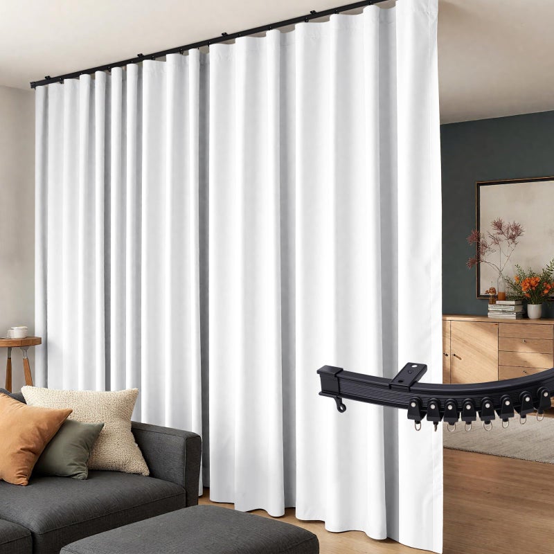 Room Divider Curtains Flexible Ceiling Tracks set Curtain track Ceiling Mount Blackout Curtain for Living Room Bedroom Ceiling Curtain Rod Privacy Divider Panel W100xH96 GreyishWhite DrapeBlack rail