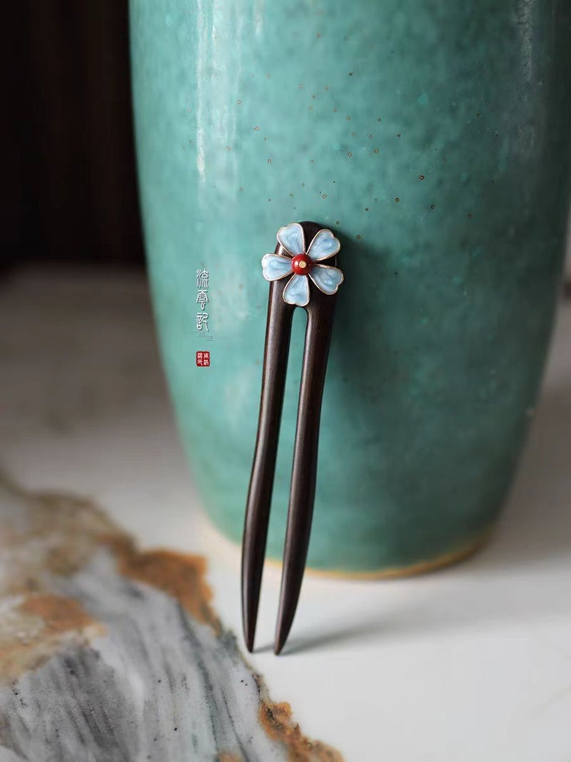 Generic [Chao Hua] Ebony Hairpin Flower Hairpin U-shaped Hairpin Stick Solid Wood Antique Hanfu Horse-faced Skirt Hair Accessories Chinese-style Oil Drops A U-shaped sandalwood hairpin facing the flower