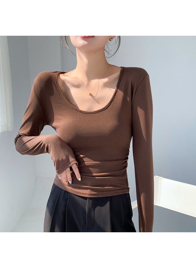 H257 Coconut Velvet Large U-neck Bottoming Shirt Autumn And Winter Brushed Inner T-shirt Long-sleeved Waist Slimming Look Flesh-covering Pleated Top