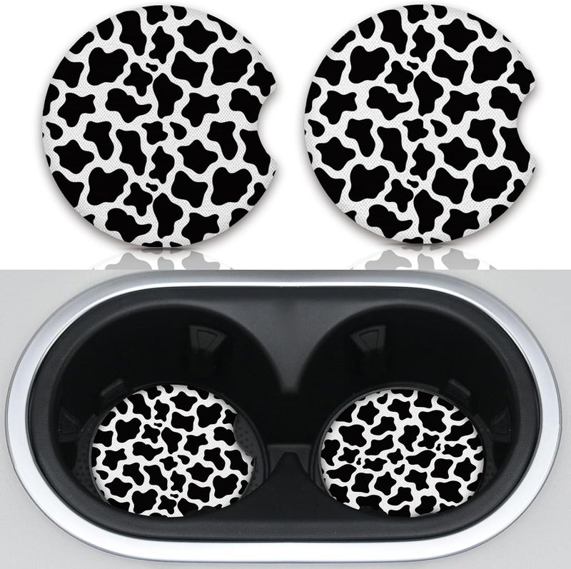 Adastrah Cute Cow Print Animal Themed Black and White Cup Holders,2 Pack Universal Neoprene Car Coasters Set for Women/Men,Drink Cup Car Holder Coasters with A Finger Notch - Image 1