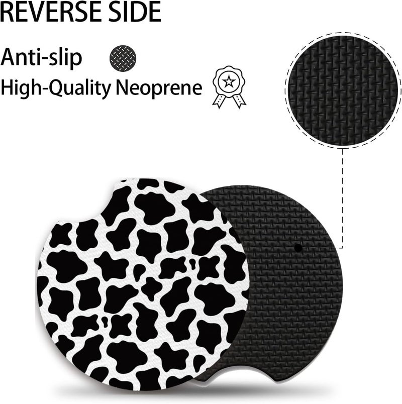 Adastrah Cute Cow Print Animal Themed Black and White Cup Holders,2 Pack Universal Neoprene Car Coasters Set for Women/Men,Drink Cup Car Holder Coasters with A Finger Notch - Image 3
