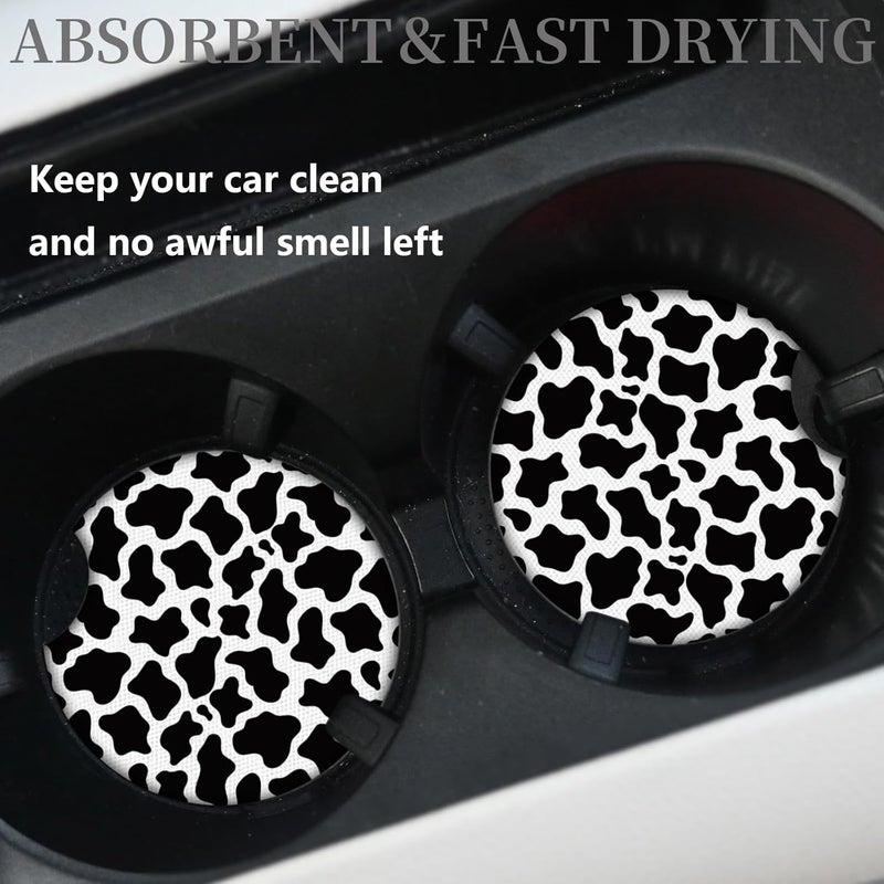 Adastrah Cute Cow Print Animal Themed Black and White Cup Holders,2 Pack Universal Neoprene Car Coasters Set for Women/Men,Drink Cup Car Holder Coasters with A Finger Notch - Image 2