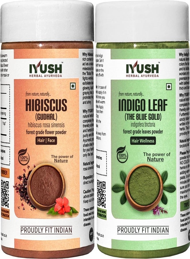 IYUSH Herbal Ayurveda Indigo Powder and Hibiscus Powder for Hair Growth - 200gm | Indigo Powder Organic for Hair Color with Hibiscus Powder for Face & Hair | Hair Volume Powder | 100gm each - Image 1