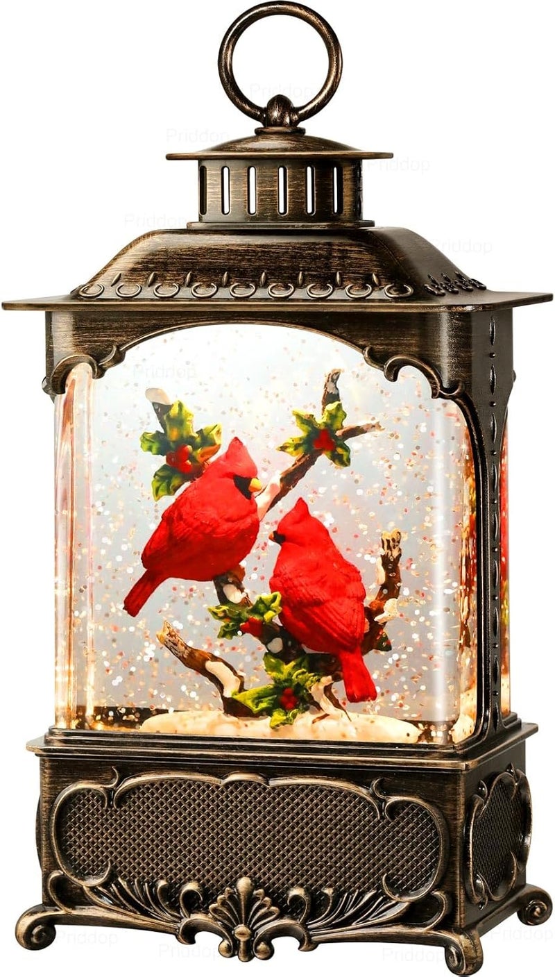 Priddop Cardinal Snow Globe Christmas Decorations Cardinal Gifts Berry Branch USB/Battery Timer Music Glitter Snowfall Lantern 10.2 inch - Image 1