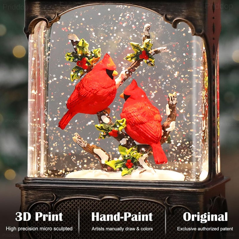 Priddop Cardinal Snow Globe Christmas Decorations Cardinal Gifts Berry Branch USB/Battery Timer Music Glitter Snowfall Lantern 10.2 inch - Image 2