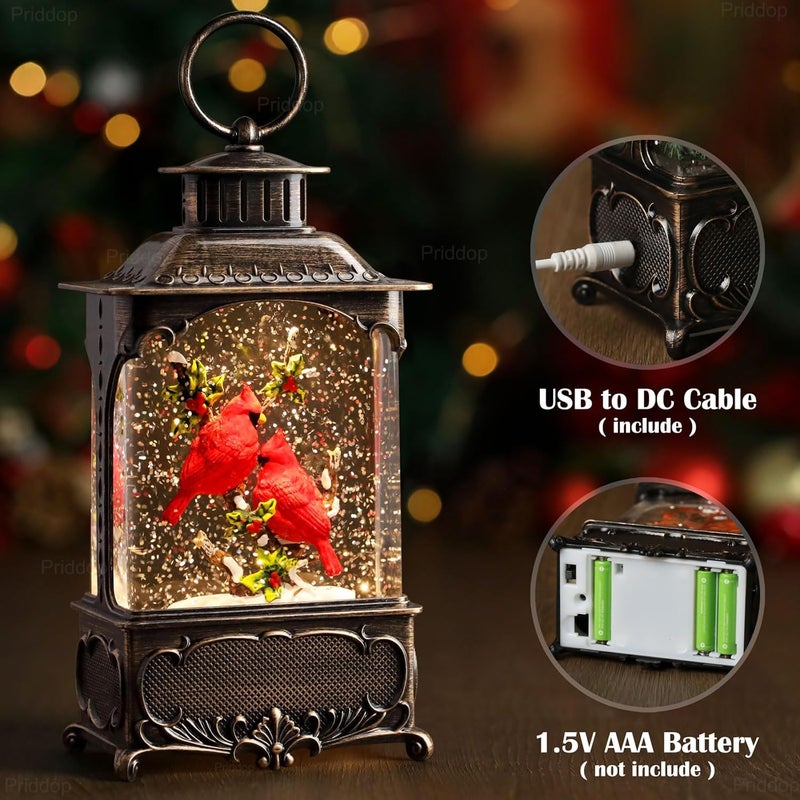 Priddop Cardinal Snow Globe Christmas Decorations Cardinal Gifts Berry Branch USB/Battery Timer Music Glitter Snowfall Lantern 10.2 inch - Image 3