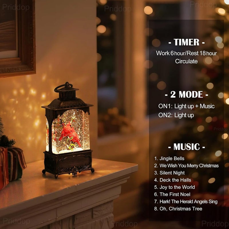 Priddop Cardinal Snow Globe Christmas Decorations Cardinal Gifts Berry Branch USB/Battery Timer Music Glitter Snowfall Lantern 10.2 inch - Image 4