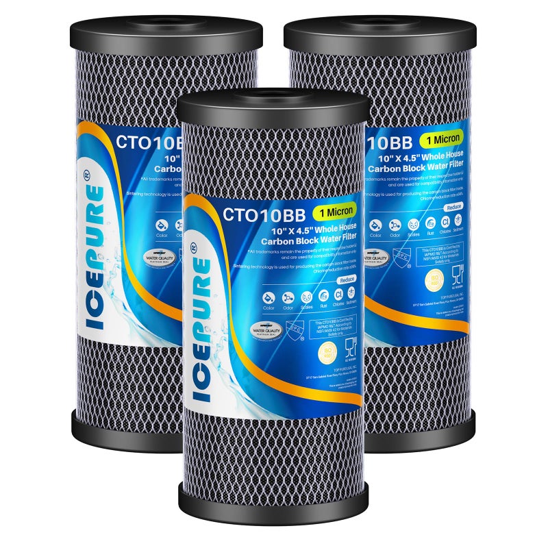 ICEPURE 10"X4.5",1 Microns Whole House Sediment Activated Carbon Water Filter Compatible with Dupont WFHDC8001,EP Series,EPM Series,CB-BB-10, GE FXHTC, GXWH40L, GXWH35F, GNWH38S, CTO10BB,3PACK - Image 1