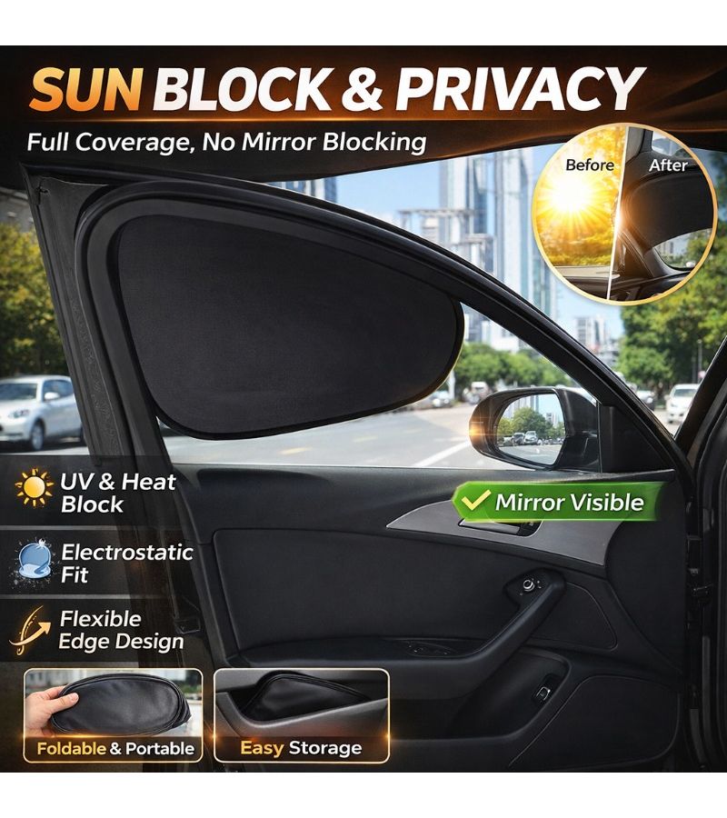 Black Curved Car Side Window Sunshade UV Heat Block Static Cling Foldable Visor - Image 1