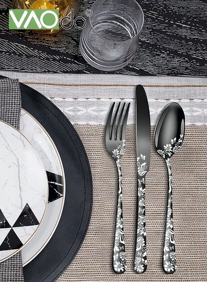 فاو دو 20 قطع الفولاذ المقاوم للصدأ مجموعة السكاكين فراشة مجموعة فضيات خدمة لمدة 4 الفولاذ المقاوم للصدأ مجموعة أطباق مع ستيك السكاكين مرآة مصقول مجموعة السكاكين الأسود - Image 5