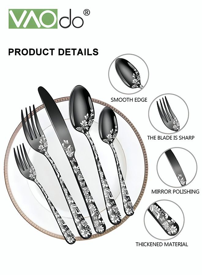 فاو دو 20 قطع الفولاذ المقاوم للصدأ مجموعة السكاكين فراشة مجموعة فضيات خدمة لمدة 4 الفولاذ المقاوم للصدأ مجموعة أطباق مع ستيك السكاكين مرآة مصقول مجموعة السكاكين الأسود - Image 4