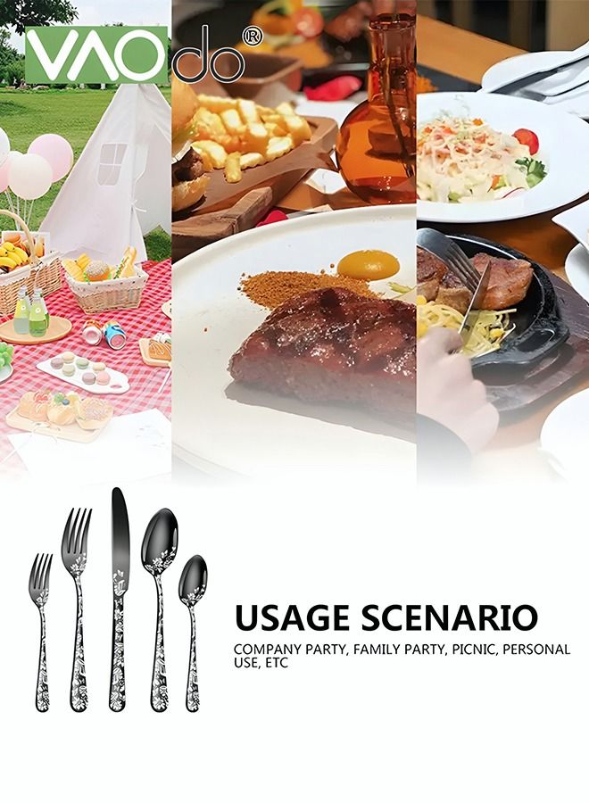 فاو دو 20 قطع الفولاذ المقاوم للصدأ مجموعة السكاكين فراشة مجموعة فضيات خدمة لمدة 4 الفولاذ المقاوم للصدأ مجموعة أطباق مع ستيك السكاكين مرآة مصقول مجموعة السكاكين الأسود - Image 3