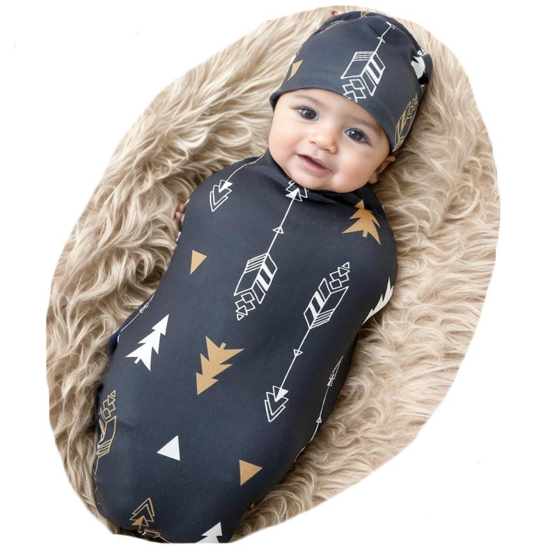 جالا بلومر Newborn Swaddle Blanket with Beanie Set Baby Boy Receiving Blanket Rainbow (Gold Arrow) - Image 1