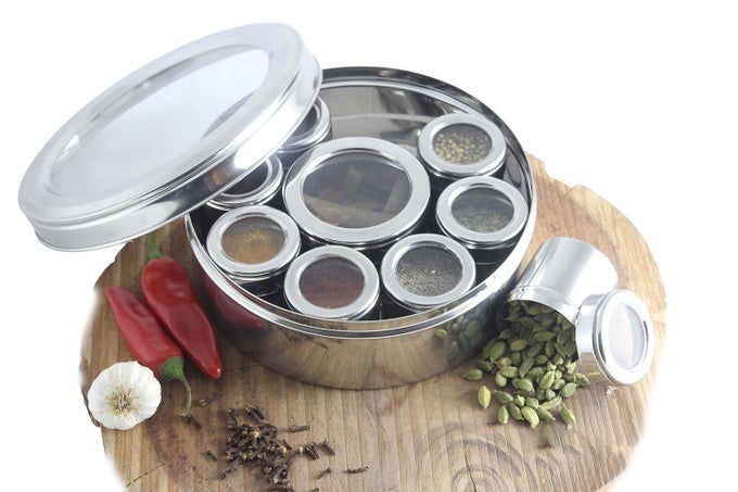 9 IN 1 SPICE BOX STAINLESS STEEL STYLISH EXTRA LARGE MASALA BOX FOR KITCHEN STEEL MASALA DABBA STEEL SEE THROUGH LID 9 CONTAINERS 1 SPOONS225CMS SILVER