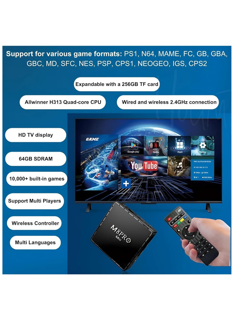M8 Pro Mini 4K Game Console and Android Tv Box Dual System 64G 10000 Games Wireless Controllers Hd Out