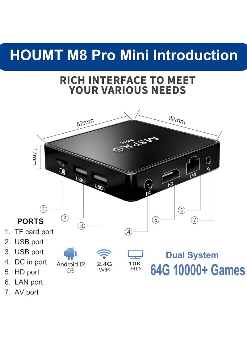 M8 Pro Mini 4K Game Console and Android Tv Box Dual System 64G 10000 Games Wireless Controllers Hd Out